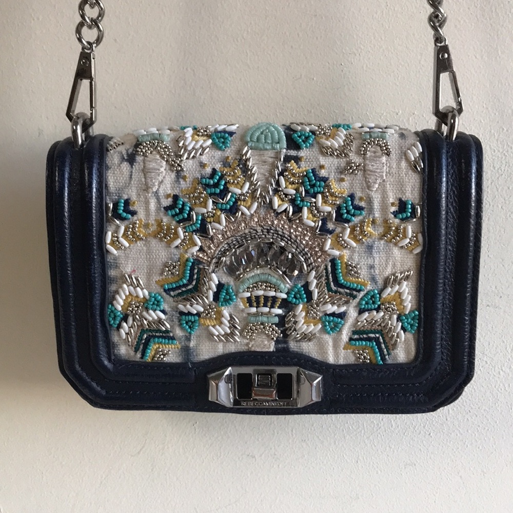 EUC Rebecca Minkoff bag Boho beaded LOVE crossbody Festival Beauty blue leather